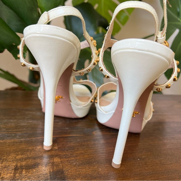 Prada Calzature Donna White Saffiano Leather Gold Studded Heels EU39.5 - Picture 9 of 16